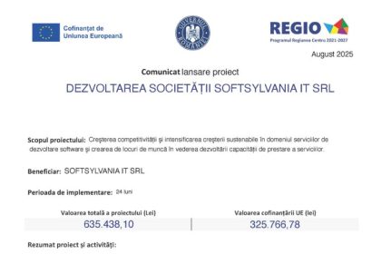 Comunicat lansare proiect Dezvoltarea Softsylvania IT SRL