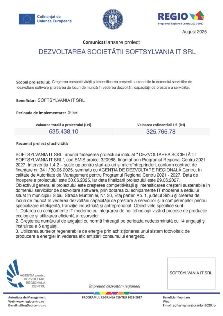 Comunicat lansare proiect Dezvoltarea Softsylvania IT SRL