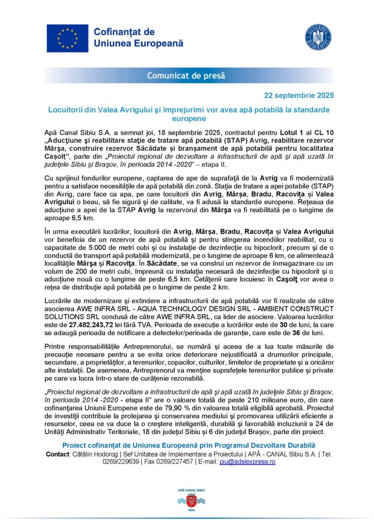 Locuitorii din Valea Avrigului vor avea apa potabila de calitate
