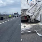 Accident intre doua TIR uri pe autostrada Sibiu Deva 23 de tone de sulfat de amoniu dispersate pe carosabil video si foto