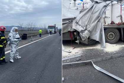 Accident intre doua TIR uri pe autostrada Sibiu Deva 23 de tone de sulfat de amoniu dispersate pe carosabil video si foto