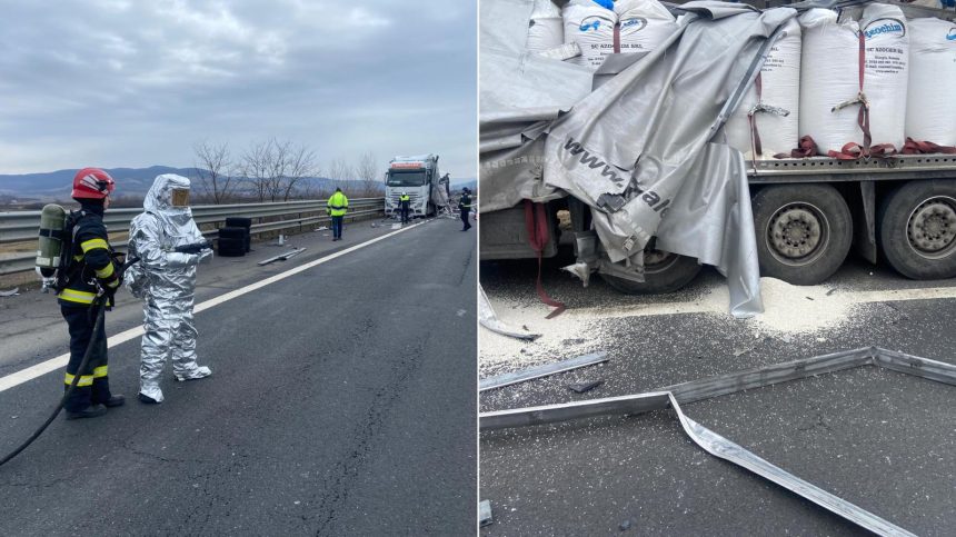 Accident intre doua TIR uri pe autostrada Sibiu Deva 23 de tone de sulfat de amoniu dispersate pe carosabil video si foto