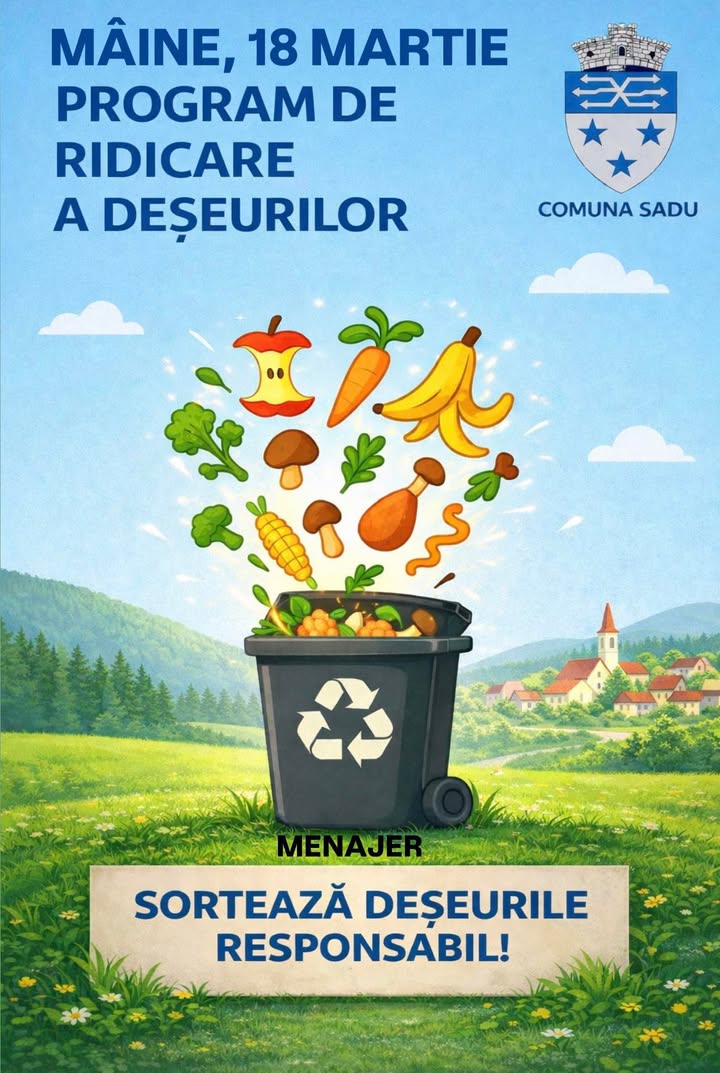 Colectarea deseurilor menajere in Sadu si Tocile programul pentru miercuri 18 martie 2026